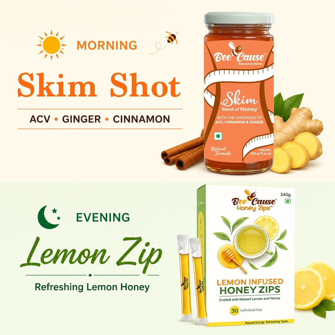 A promotional collage showing two honey products on a light cream background: a jar labeled Bee Cause Skim Shot with orange text and ginger illustrations, and a boxed product labeled Bee Cause Lemon Zip with lemon slices and green leaves. Text at top left reads MORNING Skim Shot and ACV • GINGER • CINNAMON, while text at bottom left reads EVENING Lemon Zip and Refreshing Lemon Honey.