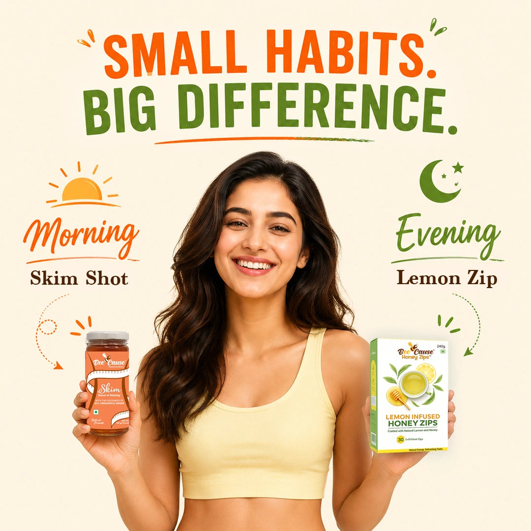 A smiling woman in a pale yellow sports bra holds a jar of honey and a box of lemon honey tips against a light cream background with promotional text reading 'Small Habits. Big Difference.
