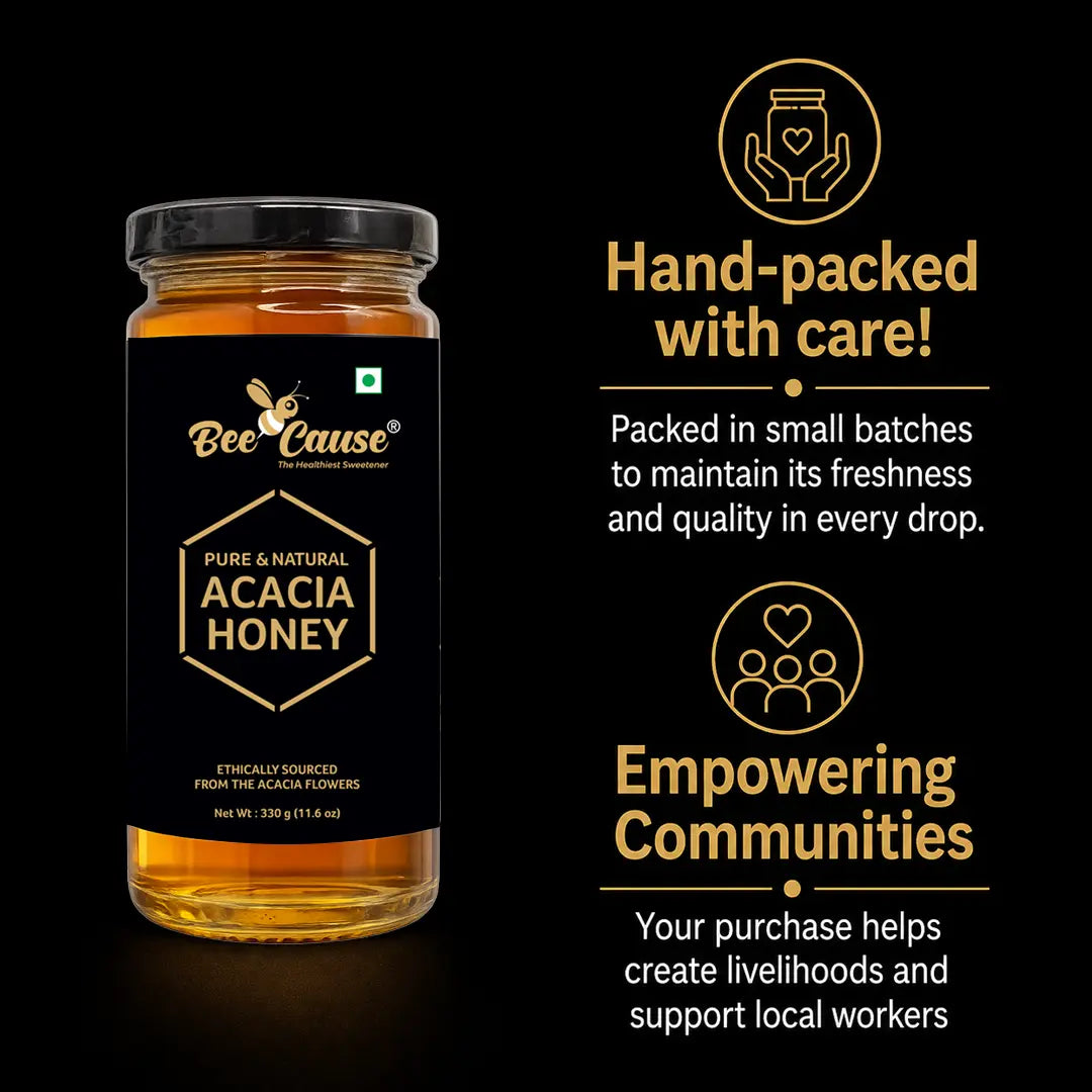 Jar of Acacia honey with Bee Cause branding on a black background