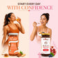 A split promotional graphic showing two women holding jars of Bee Cause skincare products, one labeled 'Skin' and the other 'Beauty Blend Superfood,' with the text 'START EVERY DAY WITH CONFIDENCE' above them on a pale pink background.