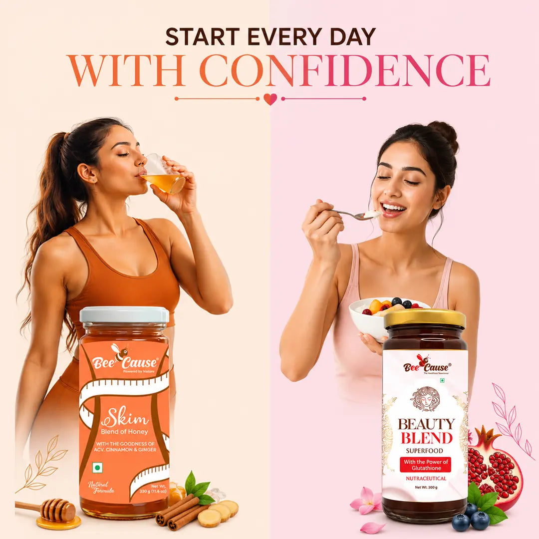 A split promotional graphic showing two women holding jars of Bee Cause skincare products, one labeled 'Skin' and the other 'Beauty Blend Superfood,' with the text 'START EVERY DAY WITH CONFIDENCE' above them on a pale pink background.