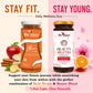 Two jars of Bee Cause Daily Wellness Duo products, Skim Honey and Beauty Blend Superfood, displayed side-by-side with decorative fruits and flowers on a split beige and pink background with promotional text.