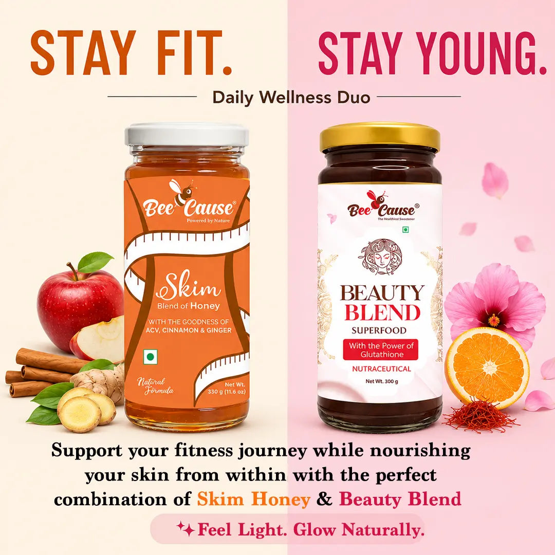 Two jars of Bee Cause Daily Wellness Duo products, Skim Honey and Beauty Blend Superfood, displayed side-by-side with decorative fruits and flowers on a split beige and pink background with promotional text.