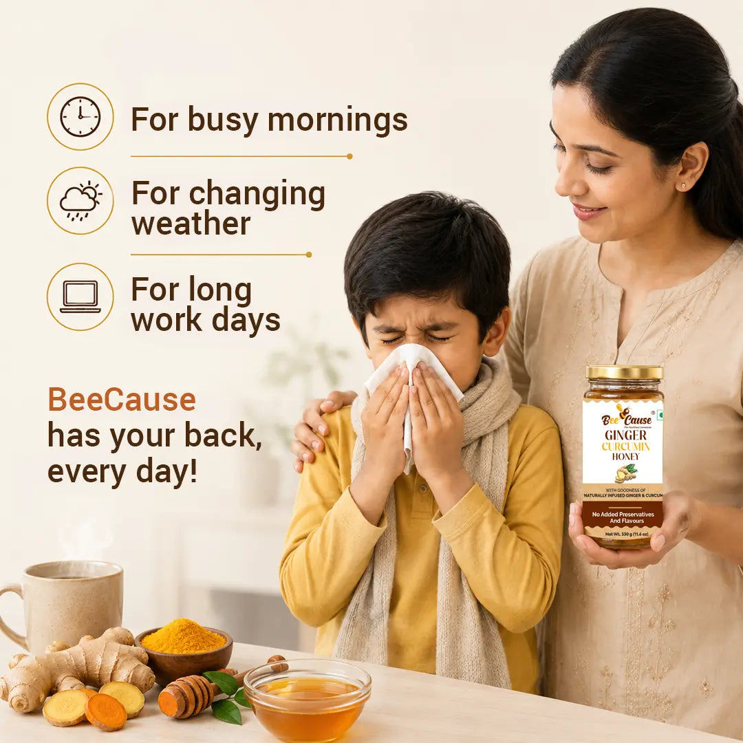 Woman and child with a jar of honey, surrounded by health benefits text.