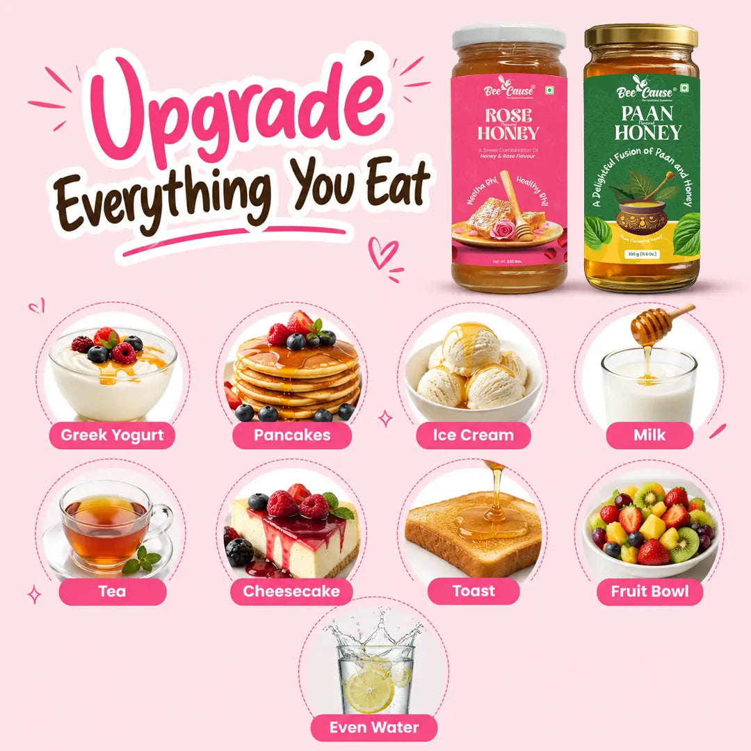 Promotional graphic for BeeCause's Rose Honey and Paan Honey, showing two jars at the top and nine food and beverage pairings below on a light pink background.
