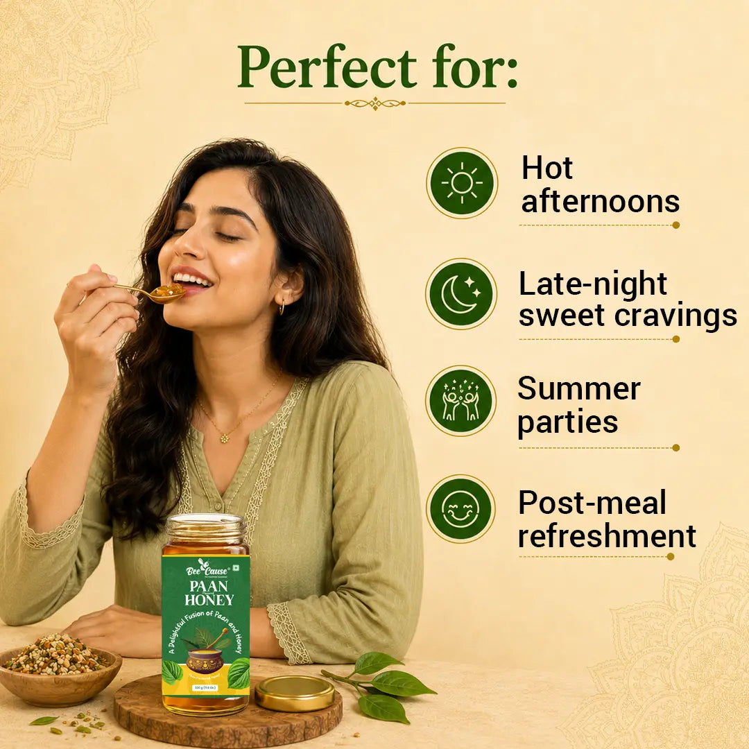 Woman eating honey with a jar of honey in front of her, surrounded by text indicating uses for honey.