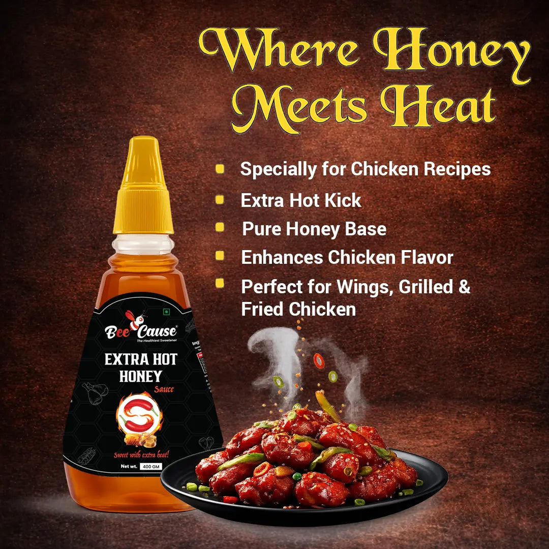 A bottle of Bee Cause Extra Hot Honey Sauce standing next to a black plate of steaming, spicy glazed chicken chunks garnished with green chilies. Text at the top reads "Where Honey Meets Heat," alongside a bulleted list emphasizing its pure honey base and perfect pairing for wings, grilled, and fried chicken.