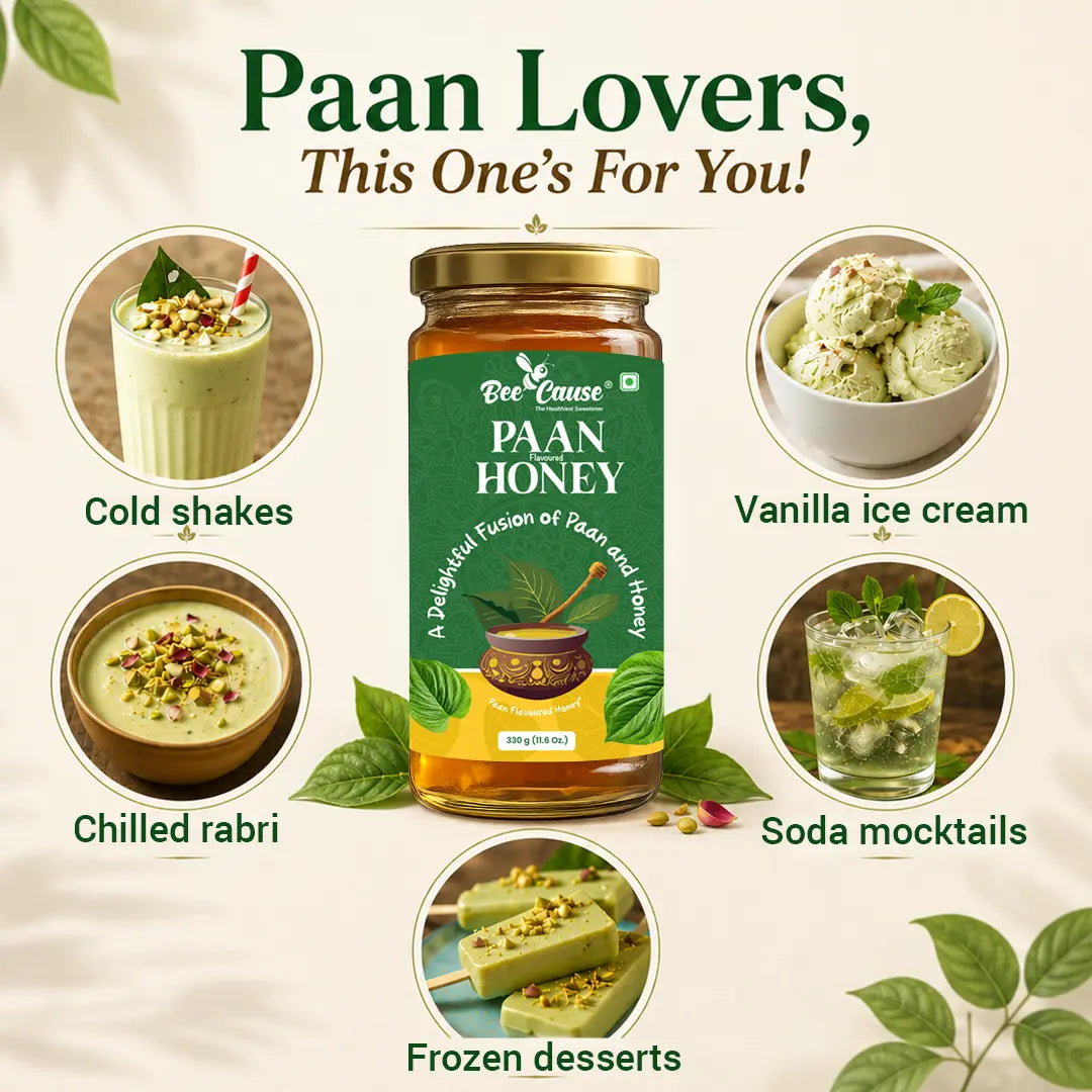 Bee Cause Paan Honey with images of food items and text 'Paan Lovers, This One's For You!'