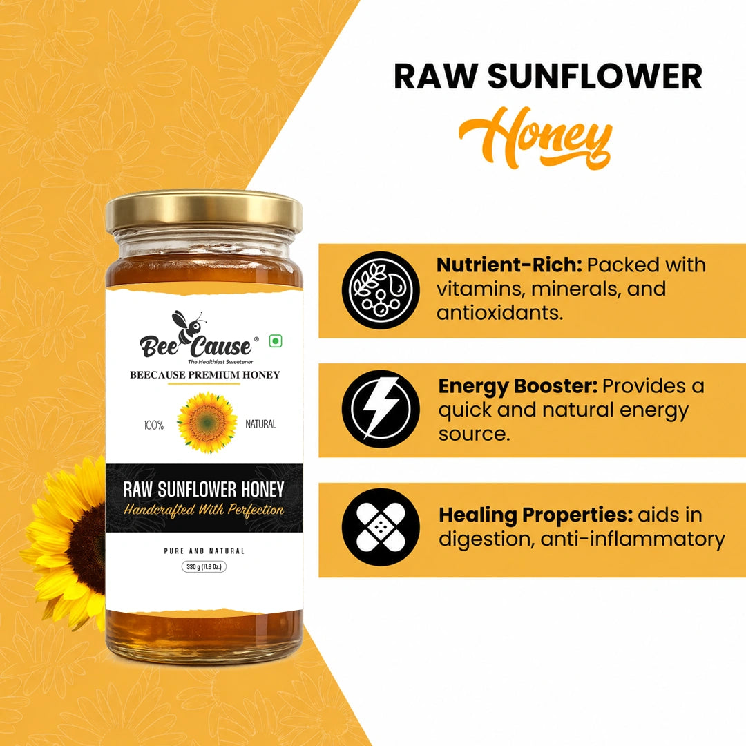 A jar of Bee Cause Raw Sunflower Honey displayed on a split yellow and white background with promotional text highlighting its nutritional and healing properties.