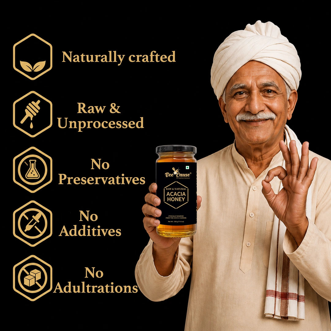 Man holding a jar of honey with product features listed on a black background