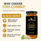 A jar of Bee Cause Acacia Honey displayed on a light beige background with promotional text and icons. The product is a clear glass jar with a black lid and a black label featuring gold text and a bee logo, with small white acacia flowers at the base.