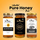 Three glass jars of Bee Cause pure and natural honey arranged on a warm orange gradient background with the text 'Asorted Pure Honey Pack' above them. The left jar is Raw Sunflower Honey with a white label and gold lid, the middle jar is Acacia Honey with a black label and black lid, and the right jar is Raw Golden Honey with a white label and gold lid.