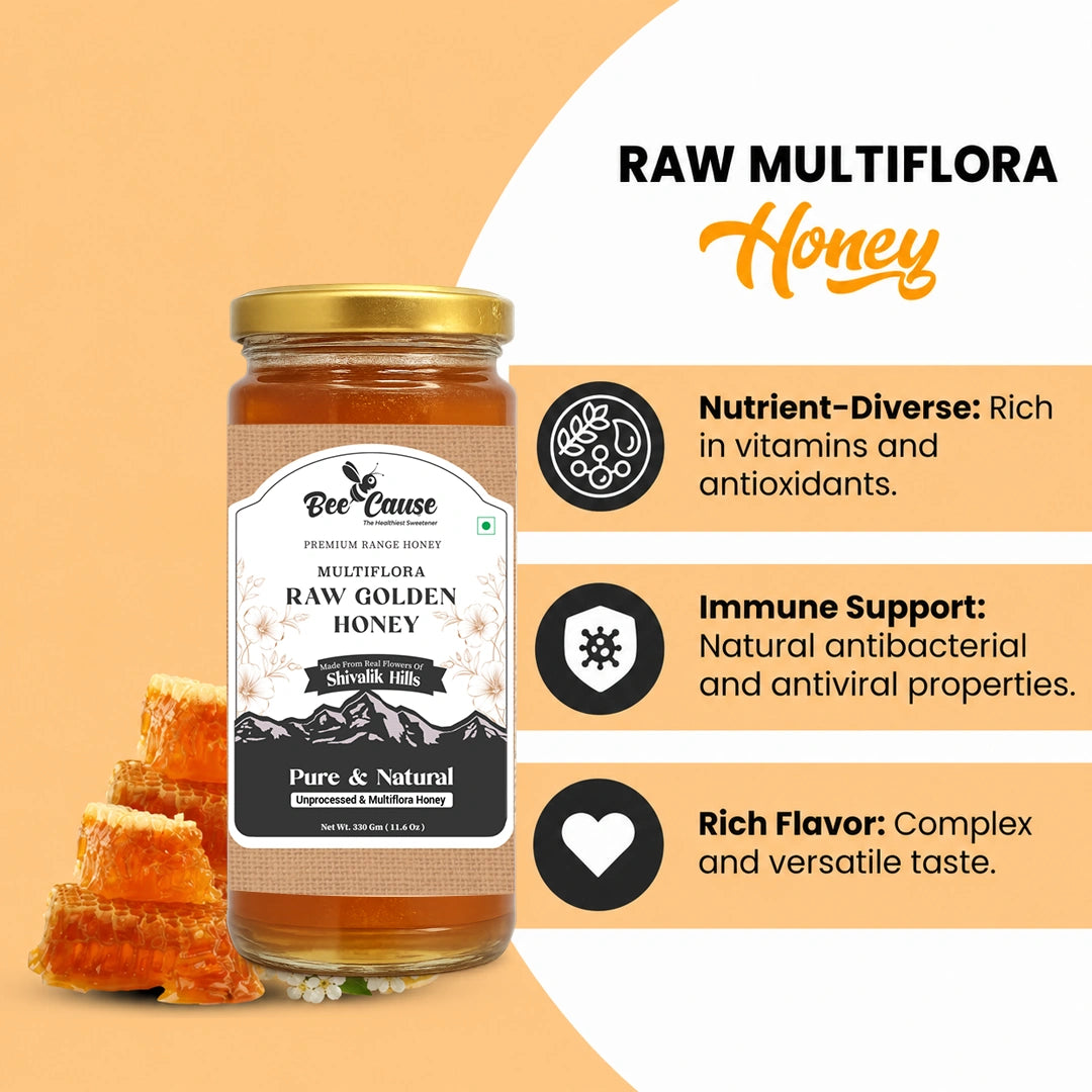 A jar of Bee Cause Raw Golden Honey displayed on a warm peach and white graphic background with text highlighting its benefits as raw multiflora honey.