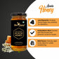 A jar of Bee Cause Pure & Natural Acacia Honey displayed on a split dark gray and white background with three orange informational callouts about low glycemic impact, antioxidant benefits, and mild flavor.