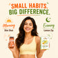 Woman holding a 'Morning Slim Shot' and 'Evening Lemon Zip' product with promotional text on a beige background