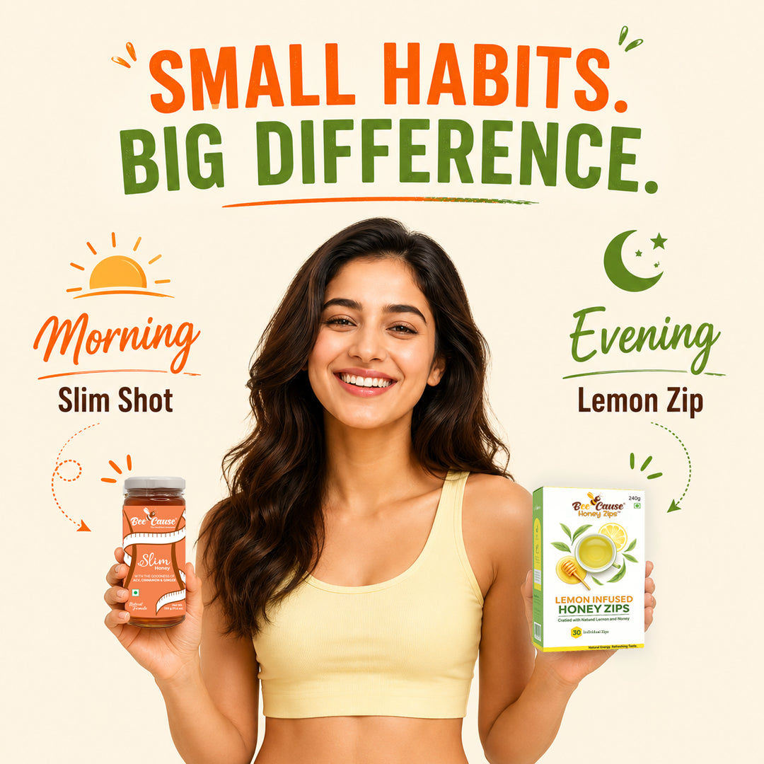 Woman holding a 'Morning Slim Shot' and 'Evening Lemon Zip' product with promotional text on a beige background