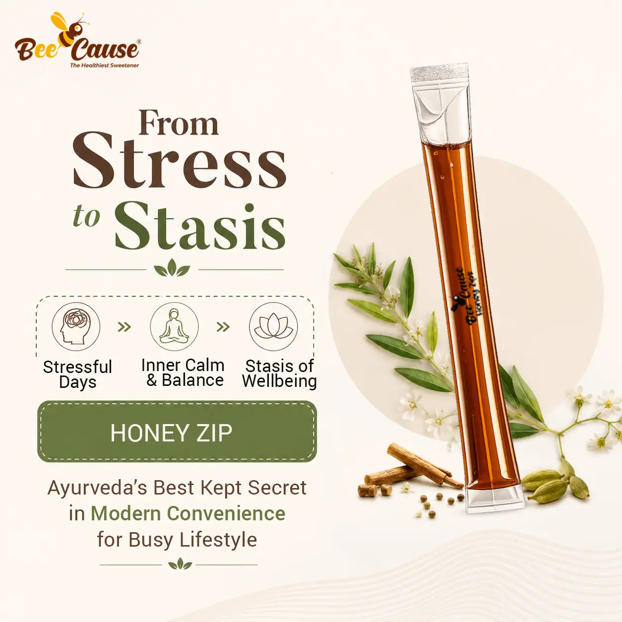 BeeCause Ashwagandha Honey Zip for stress relief, inner calm and Ayurvedic wellness in modern convenient sachets