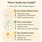 An informational infographic titled 'What's Inside the Combo?' showing three types of raw honey: Raw Golden Multiflora Honey, Raw Acacia Honey, and Raw Sunflower Honey, each with illustrated botanical icons and descriptive text on a light beige background.