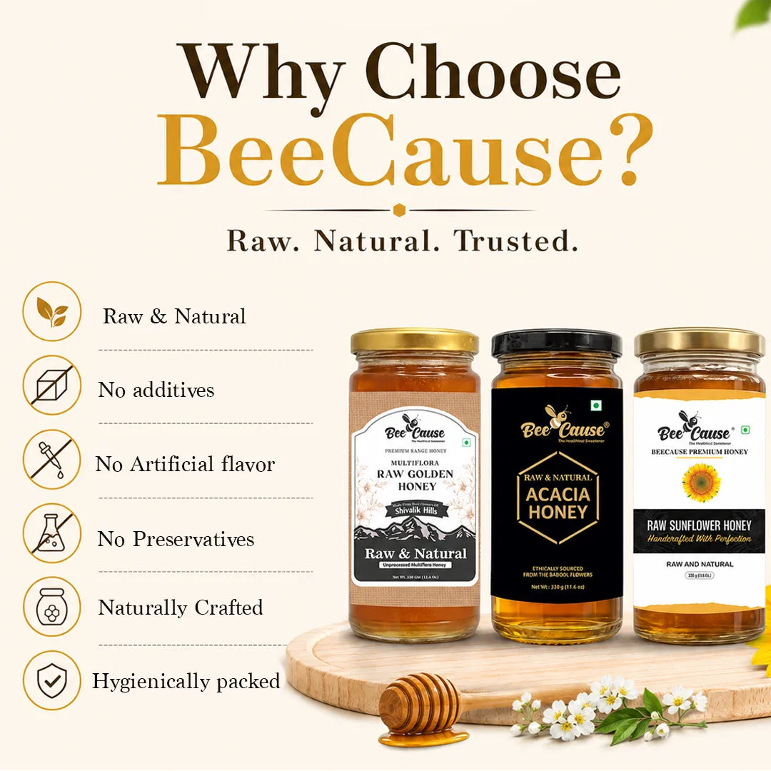 Three jars of BeeCause honey displayed on a wooden board with a honey dipper and small white flowers, under the headline 'Why Choose BeeCause?' with marketing text listing raw, natural, no additives, no artificial flavor, no preservatives, naturally crafted, and hygienically packed.