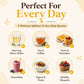 A daily meal planning graphic with the headline 'Perfect For Every Day' and the subtitle 'A Delicious Addition To Your Daily Routine.' The design shows six food and drink options arranged in two rows: Morning Warm Water, Tea & Coffee, Toast & Pancakes, Smoothies, Yogurt & Fruits, and Healthy Desserts.
