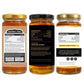 Three glass jars of acacia honey are shown against a plain white background, displaying the front label, nutrition facts panel, and back ingredients label.