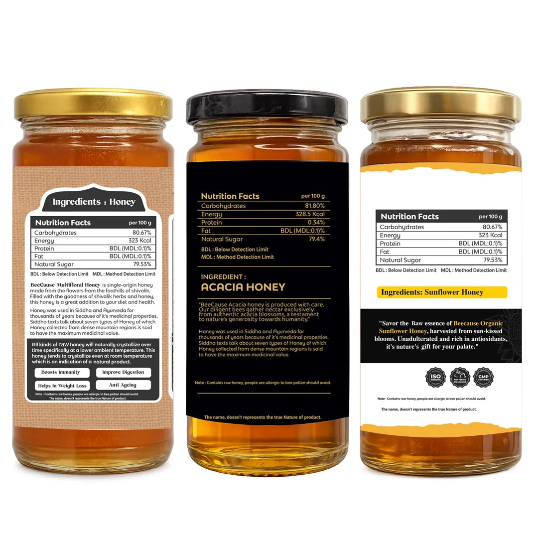 Three glass jars of acacia honey are shown against a plain white background, displaying the front label, nutrition facts panel, and back ingredients label.