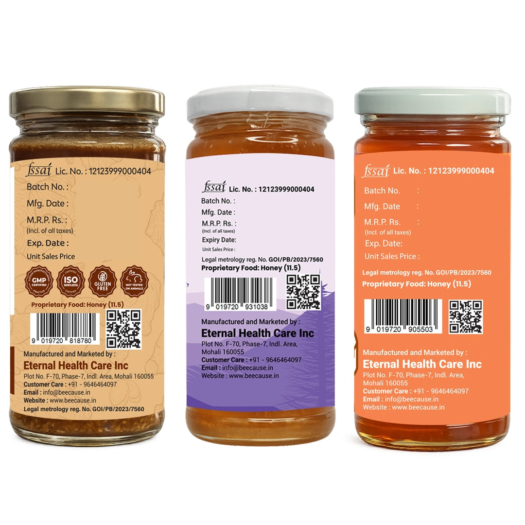 Three honey jars shown side by side, displaying their back labels in different color schemes: beige, white, and orange. The labels feature product details, barcodes, QR codes, and manufacturer information for Eternal Health Care Inc.
