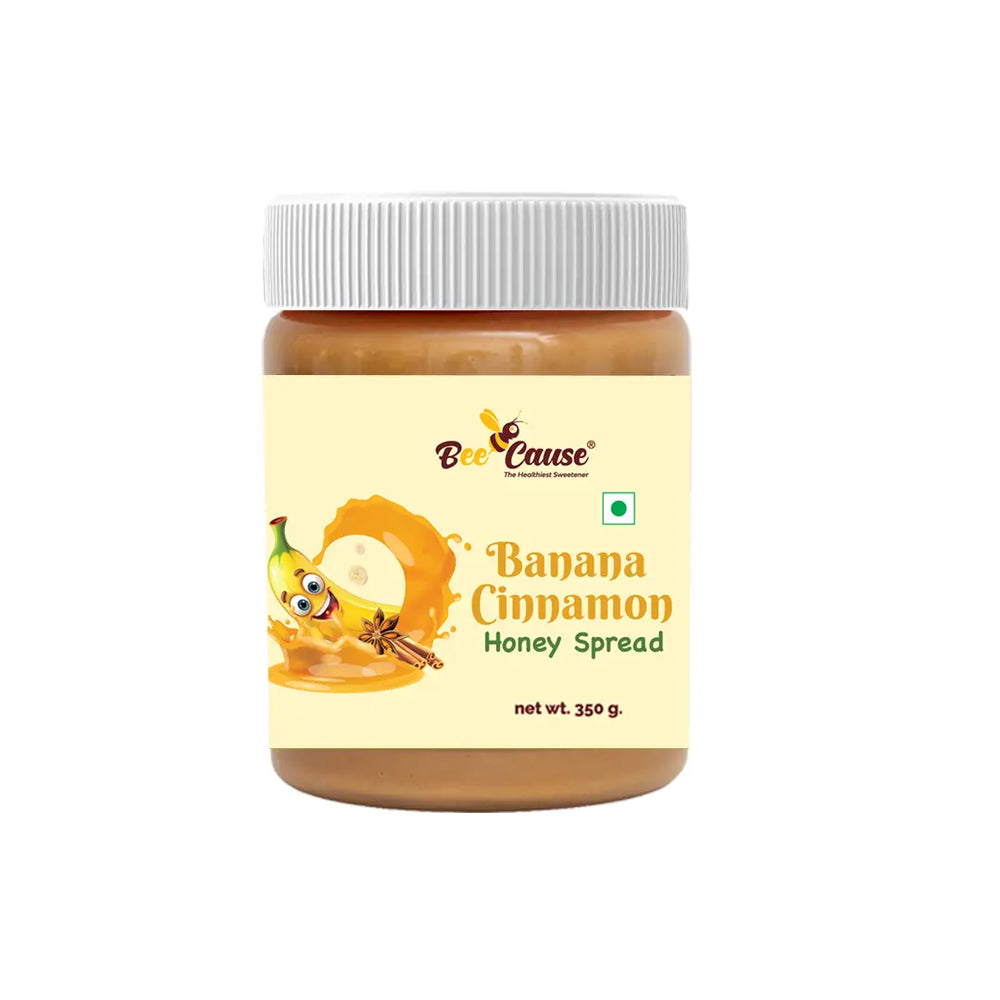 Jar of Banana Cinnamon Honey Spread with 'Bee Because' branding on a white background