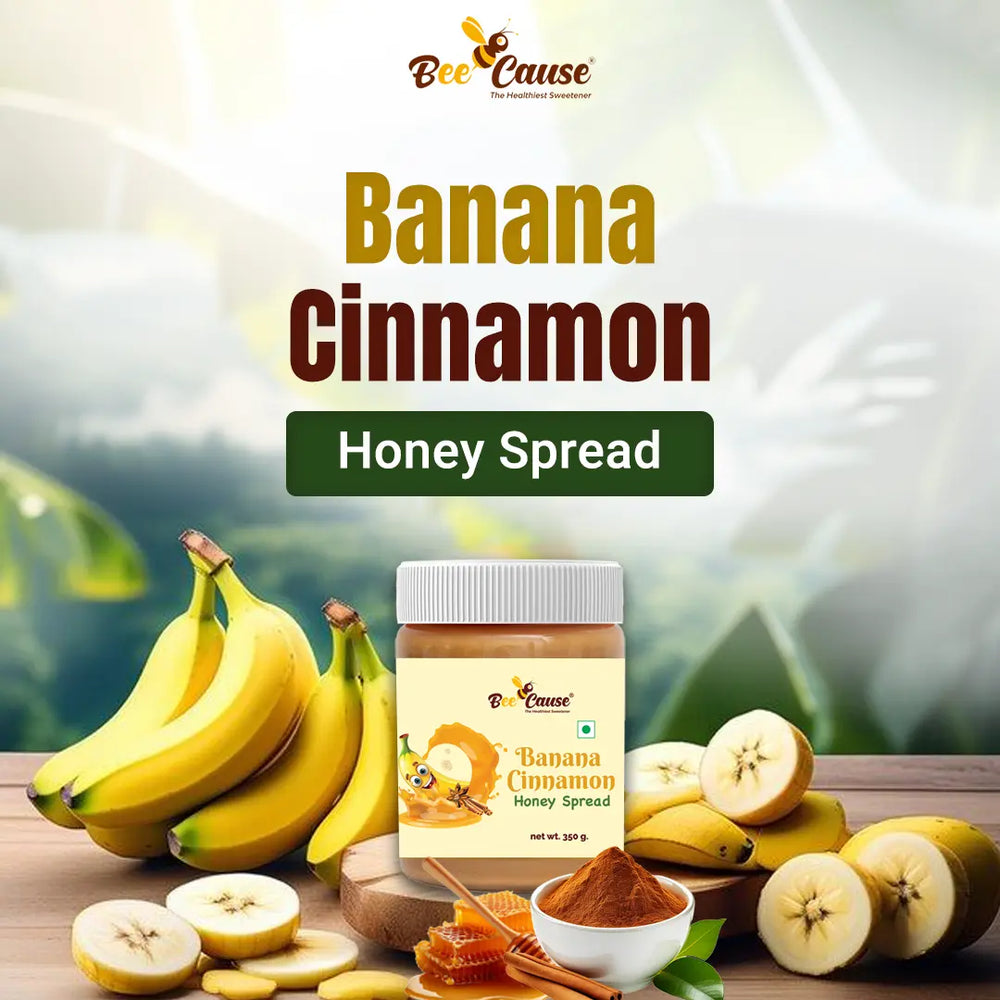 BeeCause Banana Cinnamon Honey Spread Jar surrounded by fresh bananas and cinnamon. Best healthy breakfast spread.
