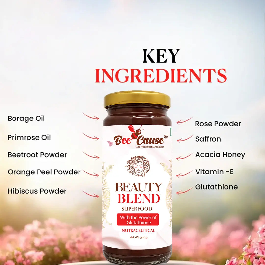 Bee Cause Beauty Blend superfood jar with key ingredients listed on a blurred floral background