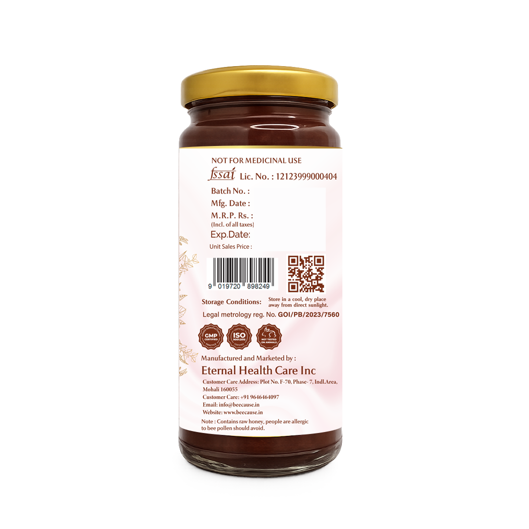BeeCause Beauty Honey jar with gold lid and detailed product label for skincare and wellness