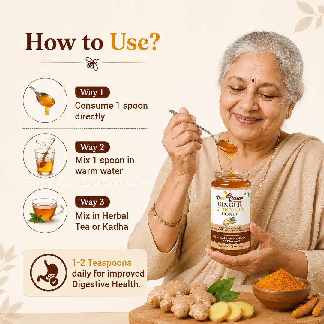 Woman using a jar of 'Bee Care' Ginger & Turmeric Honey with usage instructions on a beige background.