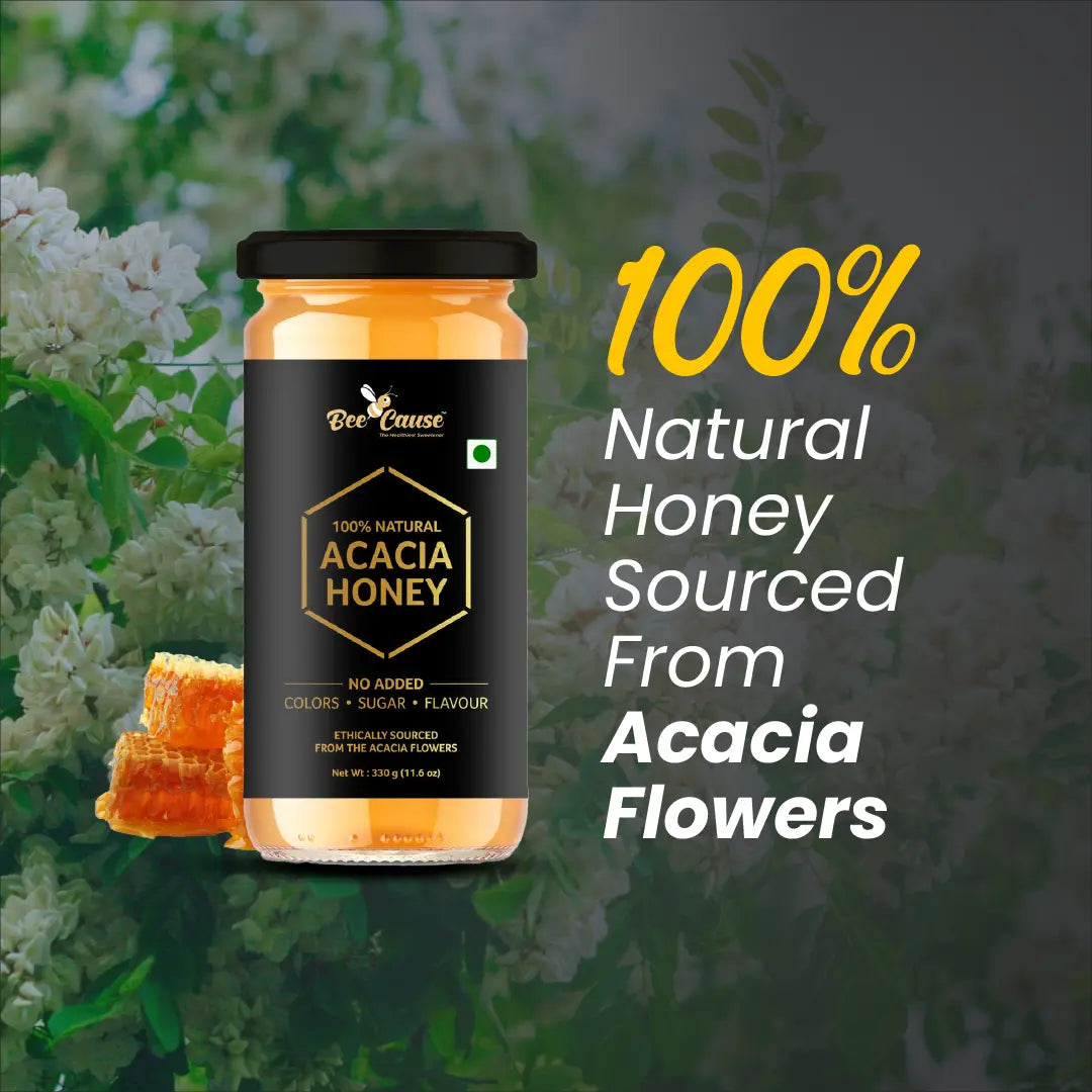 A promotional graphic featuring a jar of Bee Cause Acacia Honey with the text "100% Natural Honey Sourced From Acacia Flowers," set against a background of blooming white acacia blossoms.