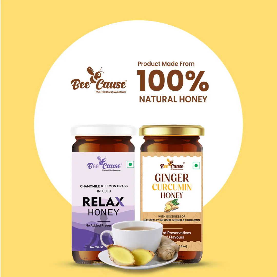 A product showcase titled "100% Natural Honey" featuring Relax Honey and Ginger Curcumin Honey displayed with a cup of tea and fresh ginger root.