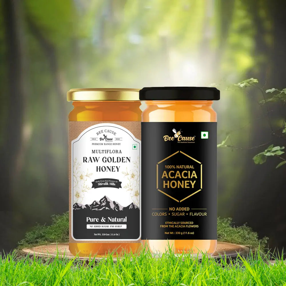 A scenic product display of the Bee Cause Premium Duo—Multiflora Raw Golden Honey and 100% Natural Acacia Honey—placed on a wooden log slice amidst lush green nature.