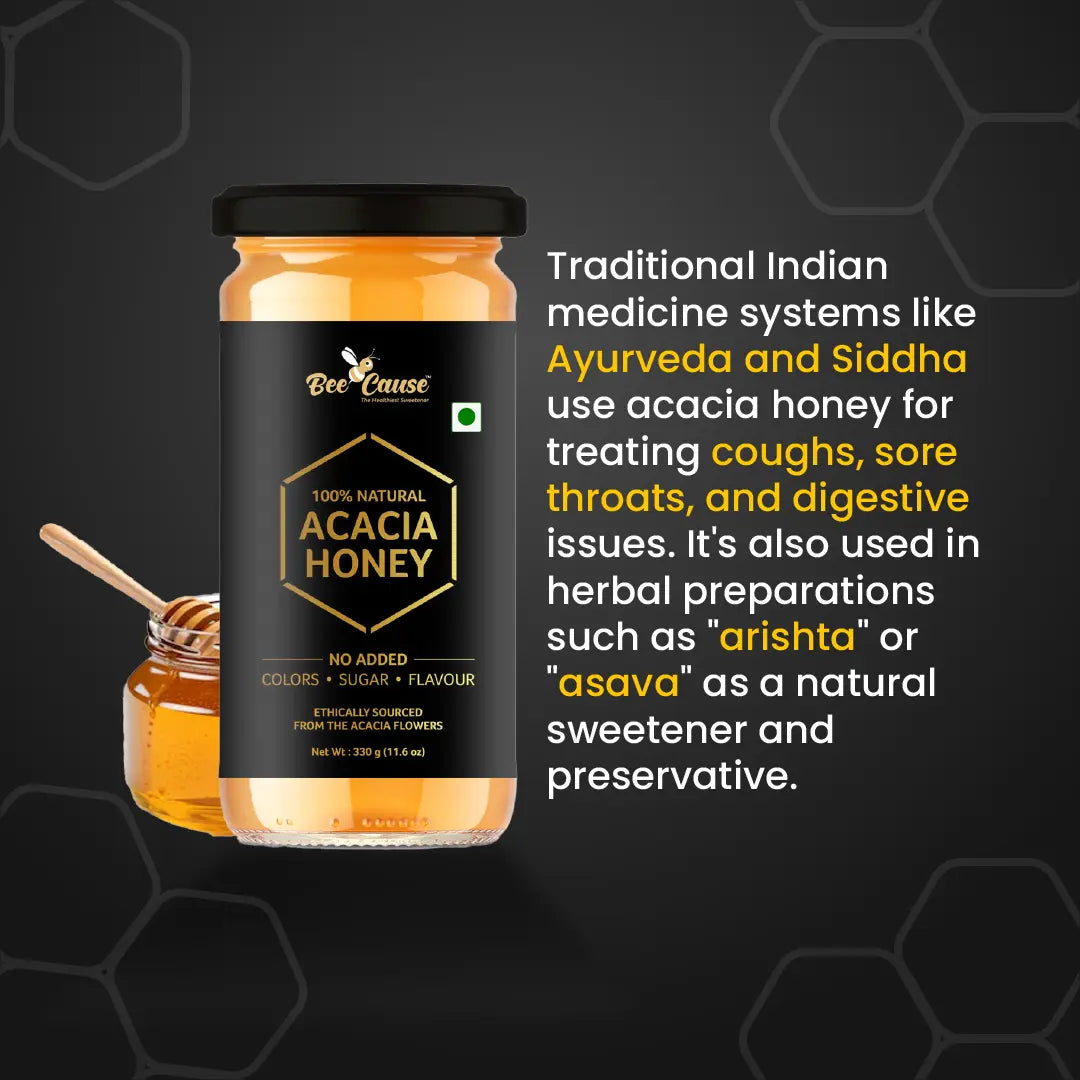 An educational graphic explaining that traditional Indian medicine systems like Ayurveda and Siddha use Acacia honey for treating coughs, sore throats, and digestive issues, and as a natural preservative in herbal preparations.