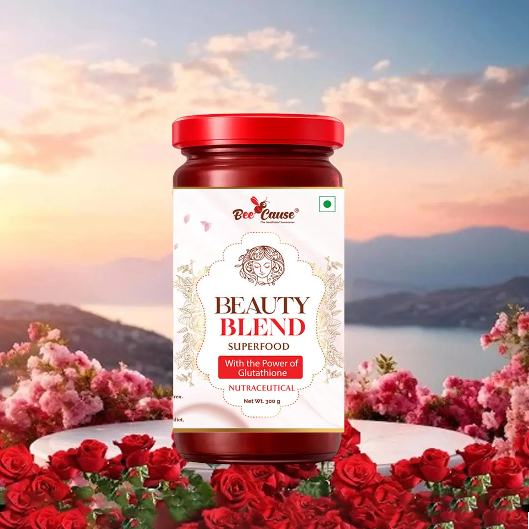 Bee Cause Beauty Blend Superfood with Glutathione. Premium 300g nutraceutical wellness blend, beautifully displayed with red roses against a serene landscape background.