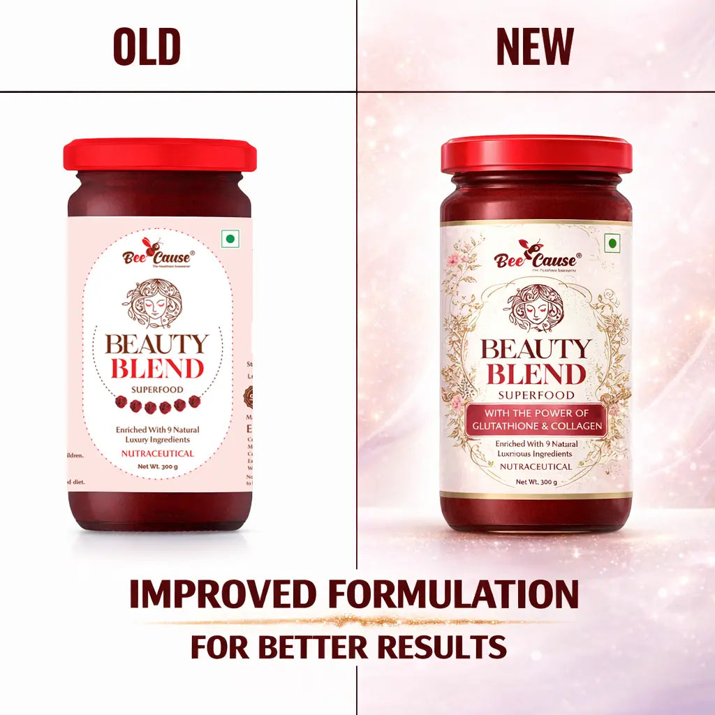 A side-by-side comparison showing the old and new packaging of Bee Cause Beauty Blend. The improved formulation adds collagen to this glutathione drink, making this premium beauty honey the best drink for skin nourishment and the best drink for health.