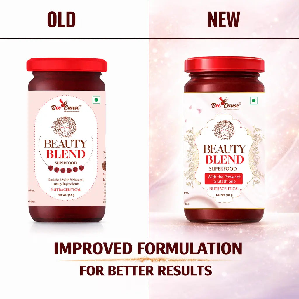 A side-by-side comparison showing the old and new packaging of Bee Cause Beauty Blend. The improved formulation adds collagen to this glutathione drink, making this premium beauty honey the best drink for skin nourishment and the best drink for health.
