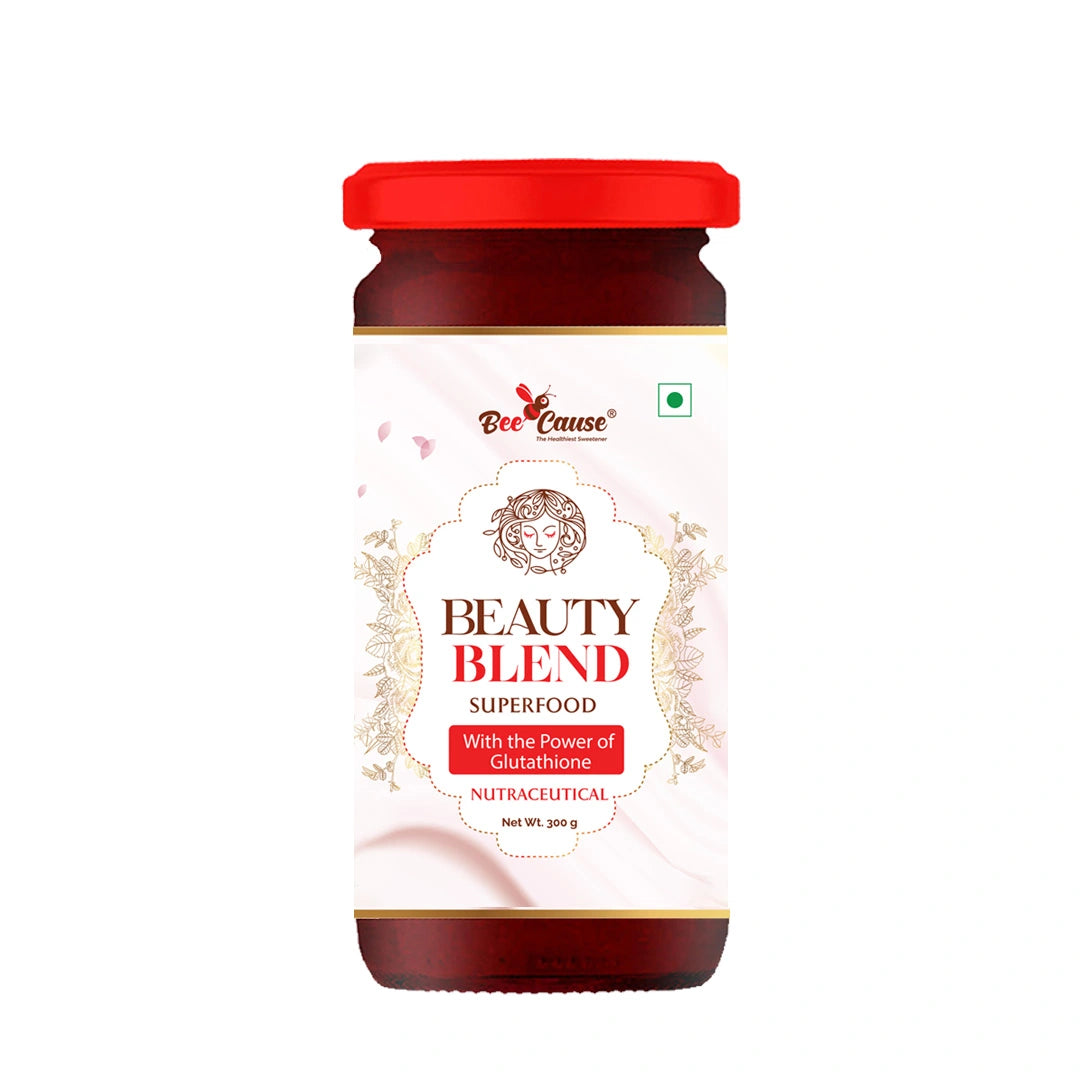 A jar of Bee Cause Beauty Blend superfood, a premium beauty honey and glutathione drink designed for daily skincare wellness.