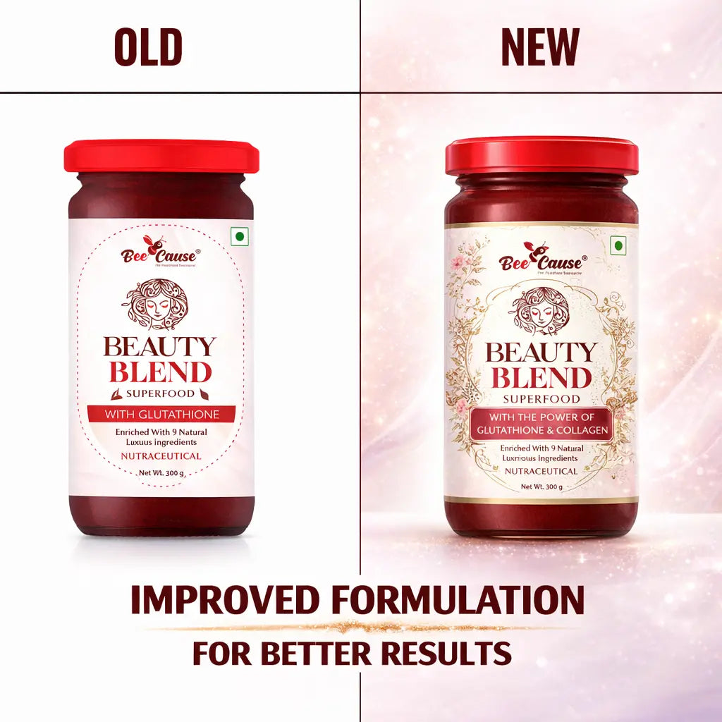 A side-by-side comparison of the old and new Bee Cause Beauty Blend jars, highlighting its improved formulation. The new formula adds collagen to this glutathione drink, upgrading this beauty honey into the best drink for skin and best drink for health.