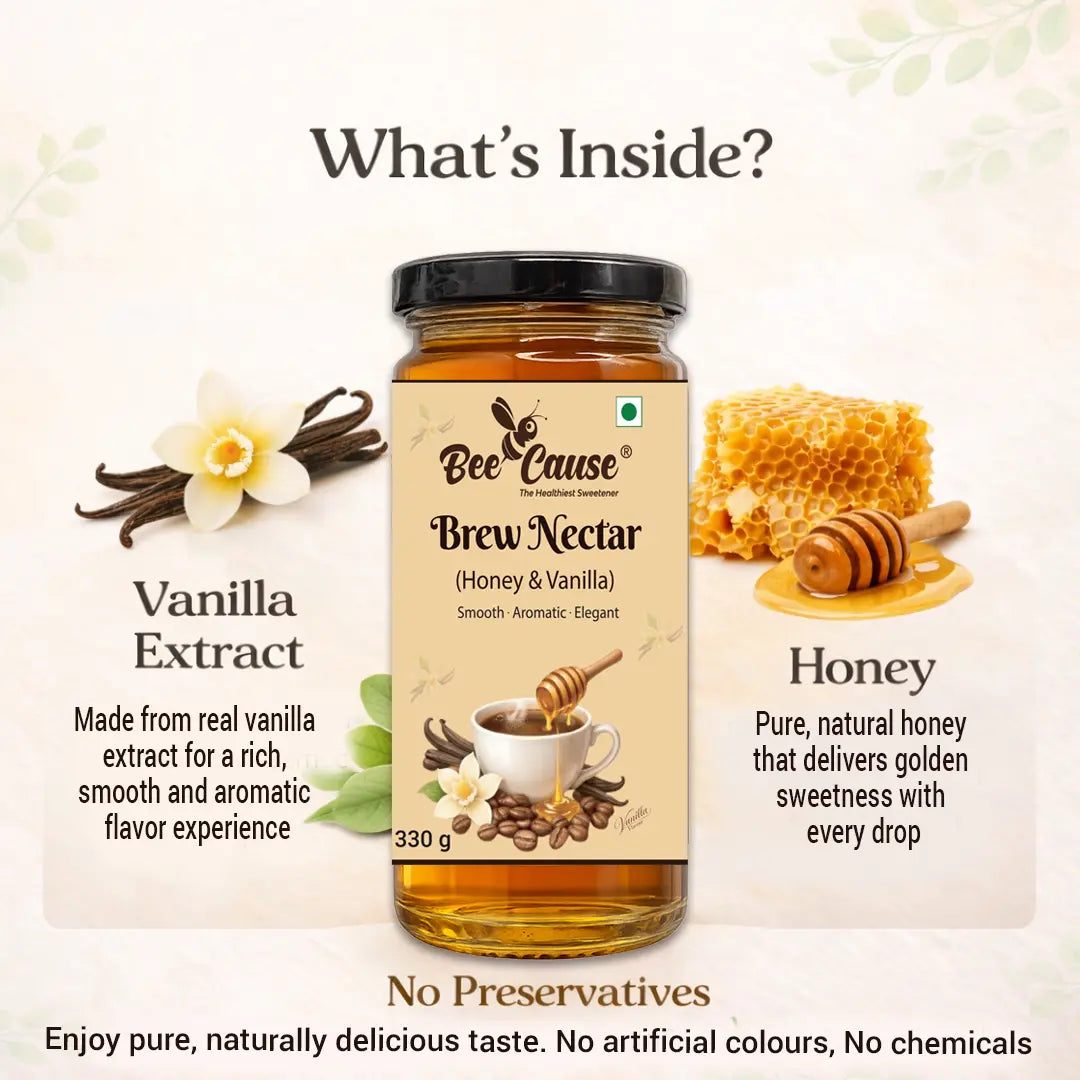 Ingredients of Bee Cause Brew Nectar, highlighting real vanilla extract and pure natural honey with no preservatives or artificial colors