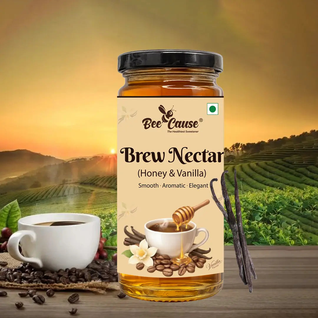 A jar of Bee Cause Brew Nectar Honey and Vanilla blend displayed alongside a cup of coffee and fresh vanilla beans, set against a lush plantation at sunrise