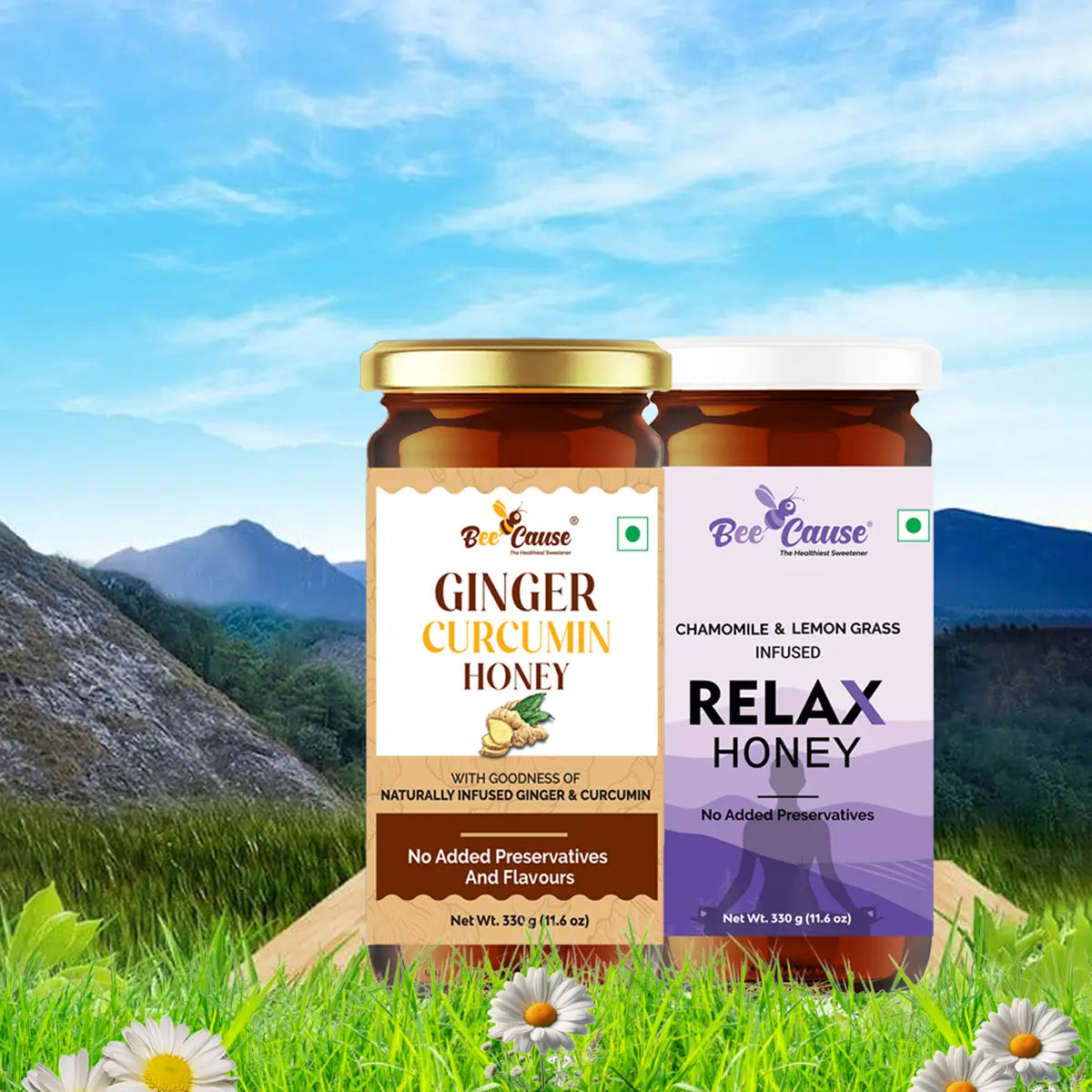 A scenic product display of Bee Cause Ginger Curcumin Honey and Relax Honey jars set against a refreshing backdrop of green grass and mountains.