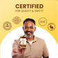 A man holding a jar of Ginger Curcumin Honey under the text "Certified for Quality & Safety," displayed with ISO 9001, GMP, FSSAI, and Cruelty-Free certification badges.