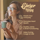 A woman holding a mug next to a list of benefits for Bee Cause Ginger Honey: boosts immunity, promotes heart health, supports healthy joints & brain functioning, and helps during cough & cold.