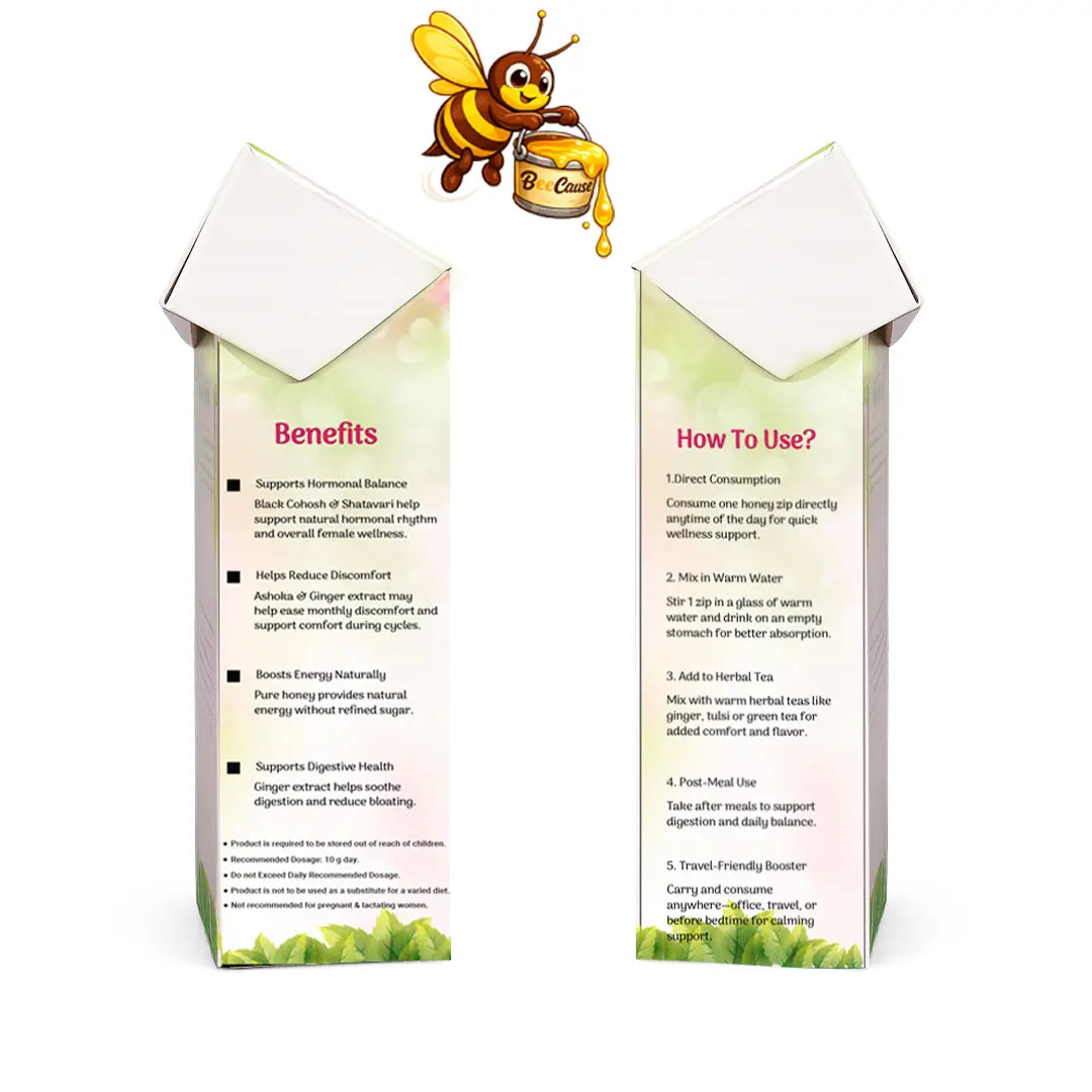 The left and right side panels of the Bee Cause Her-balance box. The left details benefits like hormonal support and energy, while the right provides how-to-use instructions for direct consumption, mixing with tea or water, and on-the-go travel use.
