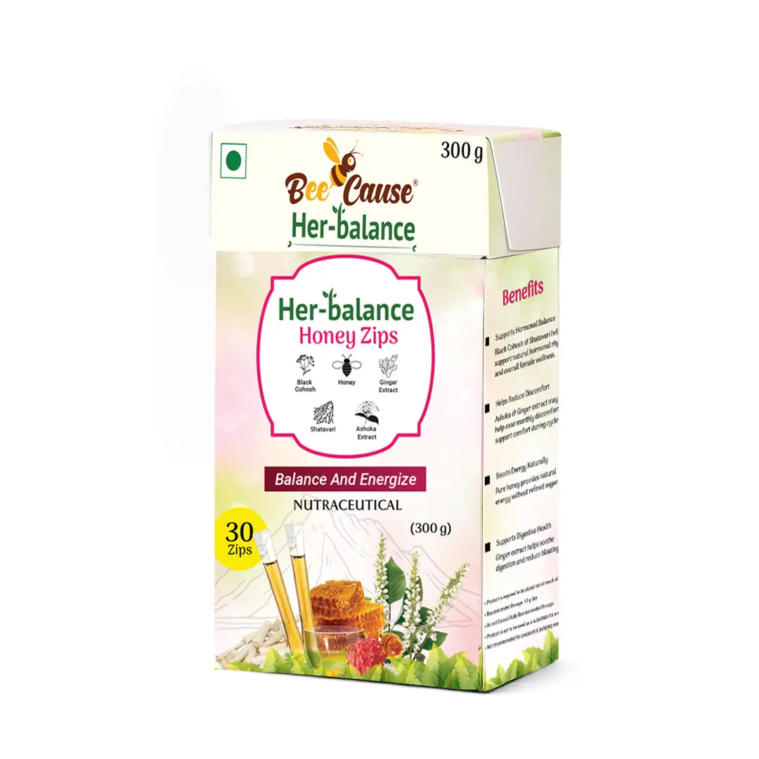 Front view of the Bee Cause Her-balance Honey Zips 300g box, a nutraceutical blend featuring honey, black cohosh, ginger, shatavari, and ashoka extracts to balance and energize.