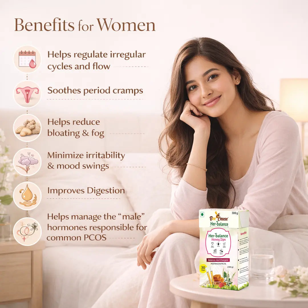 A smiling woman sitting on a bed beside a list of Bee Cause Her-balance benefits: helps regulate irregular cycles, soothes period cramps, reduces bloating, minimizes mood swings, improves digestion, and helps manage PCOS hormones.