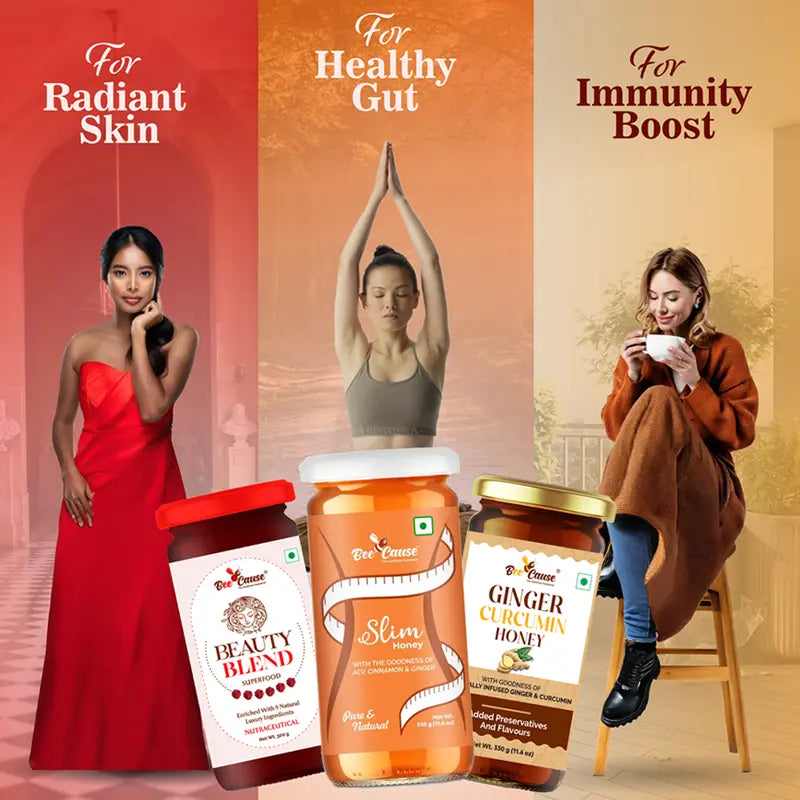 A lifestyle graphic linking Bee Cause honeys to wellness goals: a woman in a red dress representing "Radiant Skin" (Beauty Blend), a woman doing yoga for "Healthy Gut" (Slim Honey), and a woman drinking tea for "Immunity Boost" (Ginger Honey).